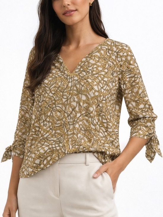 Michael Kors Tops - Michael Kors Chain Print Blouse Gold Cream V-Neck Tie Sleeve Top Size M